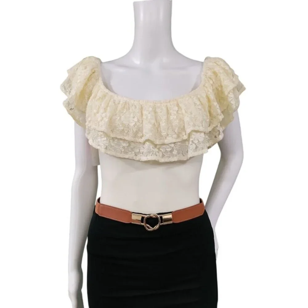 Coco + Jaimeson OffShoulder Lace Ruffle Cream Bodysuit Boho Festive Whimsy Small - Picture 2 of 11